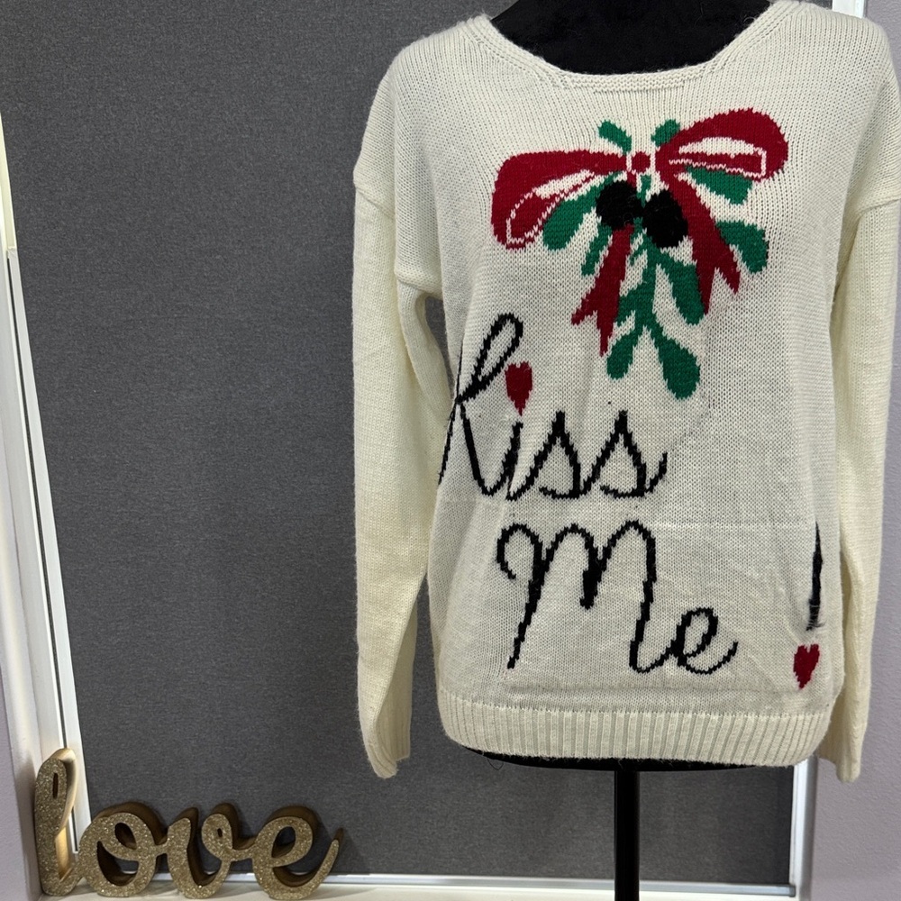 Festive Cream Sweater with Red and Green Accents